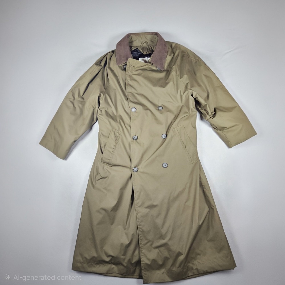 London Fog Men's Trench Coat 40R Khaki Leather Collar Belted Double Breasted